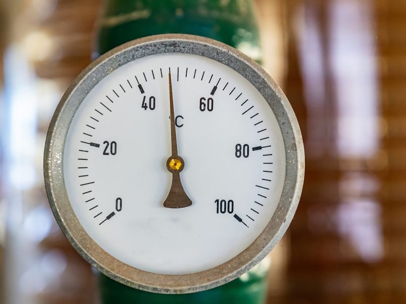Temperature gauge, celsius scale, old, dial, blur industrial background